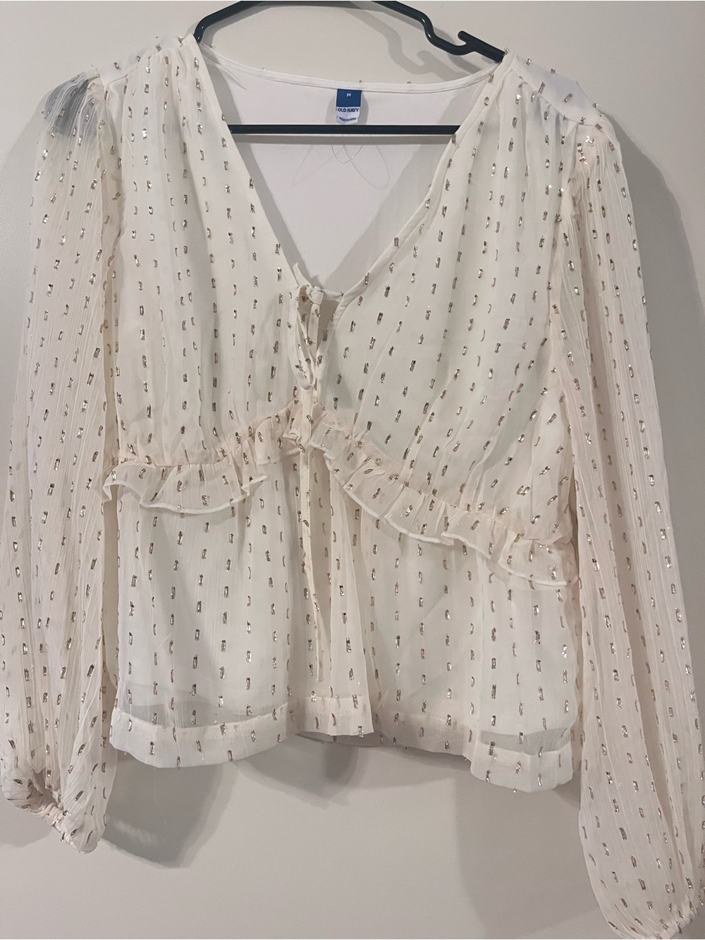 Old Navy Ivory Sheer Ruffle Tie-Front Blouse with Metallic Dots
